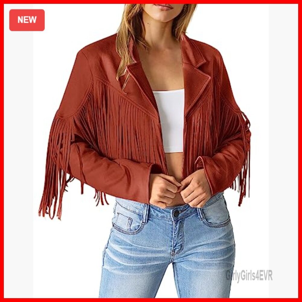 Faux Suede Fringe Cropped Jacket, Motorcycle Style, Women's Outerwear - Picture 2 of 7
